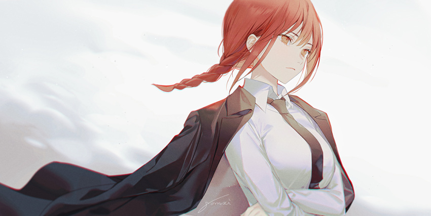1girl artist_name black_jacket black_necktie braid braided_ponytail breasts chainsaw_man closed_mouth crossed_arms gomzi jacket jacket_on_shoulders long_sleeves looking_away makima_(chainsaw_man) medium_breasts necktie red_eyes red_hair shirt short_hair signature solo white_shirt