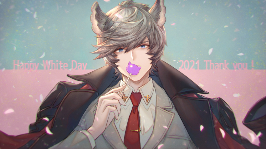 1boy animal_ears blue_eyes brown_coat candy cat_ears coat erune falling_petals food granblue_fantasy grey_jacket holding holding_candy holding_food jacket looking_at_viewer male_focus necktie nehan_(granblue_fantasy) numahidoi petals red_scarf scarf shirt short_hair silver_hair solo upper_body white_day white_shirt