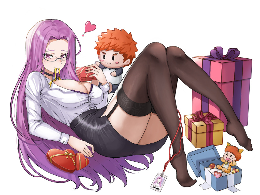 1girl absurdly_long_hair black_legwear black_skirt box breasts candy character_doll chocolate choker cleavage collared_shirt commentary_request emiya_shirou eyebrows_visible_through_hair fate/stay_night fate_(series) food garter_straps gift gift_box glasses heart heart-shaped_chocolate high-waist_skirt highres id_card knees_together_feet_apart large_breasts long_hair long_sleeves looking_at_viewer medusa_(fate) medusa_(rider)_(fate) office_lady pencil_skirt shirt sidelocks simple_background sitting skirt solo valentine very_long_hair white_background white_shirt woodpecker_(alsdndlekd)