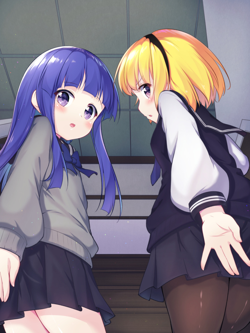 2girls absurdres bangs black_legwear black_skirt black_sweater blonde_hair blue_hair blunt_bangs blush commentary_request covering covering_ass from_behind from_below furude_rika grey_sweater hairband hazumi_otoya highres higurashi_no_naku_koro_ni houjou_satoko indoors long_hair looking_at_viewer looking_back multiple_girls open_mouth pantyhose purple_eyes school_uniform short_hair skirt stairs sweater thighs white_sleeves