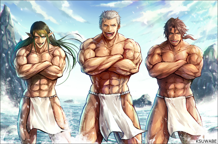 3boys abs alternate_costume bara beard belmond_banderas cliff collarbone crossed_arms dark-skinned_male dark_skin facial_hair feet_out_of_frame granblue_fantasy green_hair hanabatake_chaika k-suwabe large_pectorals loincloth long_hair maimoto_keisuke male_focus mature_male multiple_boys muscular muscular_male navel nijisanji parody pectorals pelvic_curtain rock short_hair sideburns silver_hair sky stomach stubble thick_thighs thighs tied_hair topless_male underwear underwear_only veins virtual_youtuber water wet wind