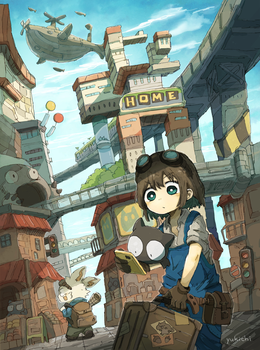 1boy 1girl absurdres aerial_tram aqua_eyes backpack bag balloon bangs black_cat blue_overalls blue_sky bridge brown_bag brown_gloves brown_hair building bunny bush cat city closed_mouth cloud eyewear_on_head glasses gloves green_eyes highres holding holding_phone o_o original overalls phone road shirt short_hair short_sleeves sky skyscraper standing street suitcase tool_belt traffic_light whale white_shirt yukichi_nya