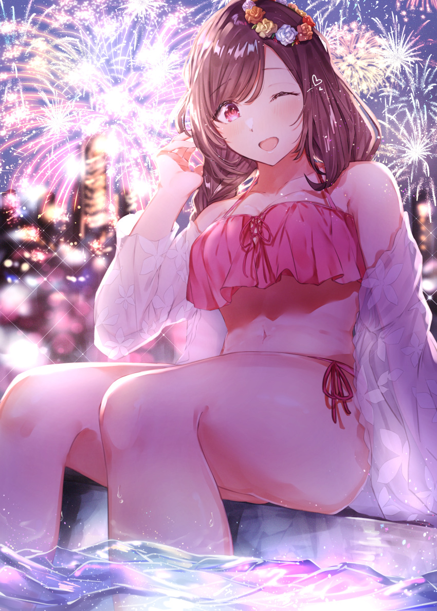 1girl absurdres bikini blush braid breasts brown_hair eyebrows_visible_through_hair fireworks hand_in_hair head_wreath heart highres idolmaster idolmaster_shiny_colors large_breasts long_hair looking_at_viewer navel night one_eye_closed open_mouth see-through sitting smile solo striped striped_bikini swimsuit swimsuit_cover-up takani0721 tsukioka_kogane twin_braids water