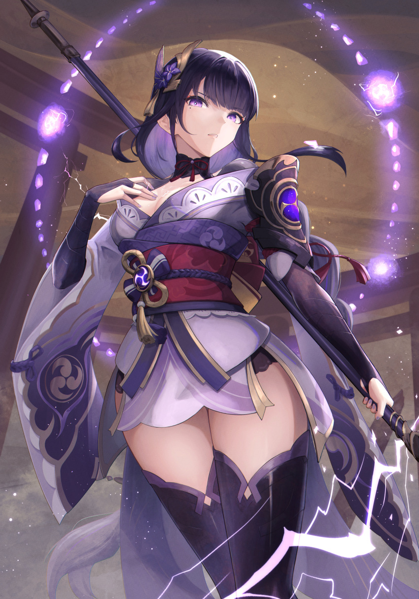 1girl absurdres armor bangs black_legwear braid breasts bridal_gauntlets cleavage coattails commentary_request electricity eyebrows_visible_through_hair floral_print flower genshin_impact hair_ornament hand_on_own_chest highres holding holding_polearm holding_weapon japanese_clothes kimono large_breasts light_particles long_hair long_sleeves looking_at_viewer mitsudomoe_(shape) mole mole_under_eye obi obiage obijime parted_lips polearm purple_eyes purple_flower purple_hair purple_legwear purple_nails raiden_shogun ribbon sash shoulder_armor solo tassel tatty thighhighs tomoe_(symbol) torii weapon wide_sleeves