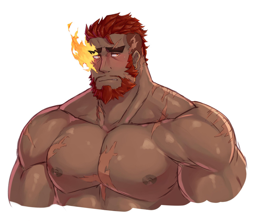 1boy bara beard blush completely_nude cropped_torso dark-skinned_male dark_skin embarrassed eyebrow_cut facial_hair flaming_eye ghangaji hair_slicked_back hephaestus_(housamo) highres large_pectorals looking_to_the_side male_focus mature_male muscular muscular_male nipples nude pectorals red_eyes red_hair scar scar_on_arm scar_on_chest short_hair solo thick_eyebrows tokyo_afterschool_summoners undercut white_background