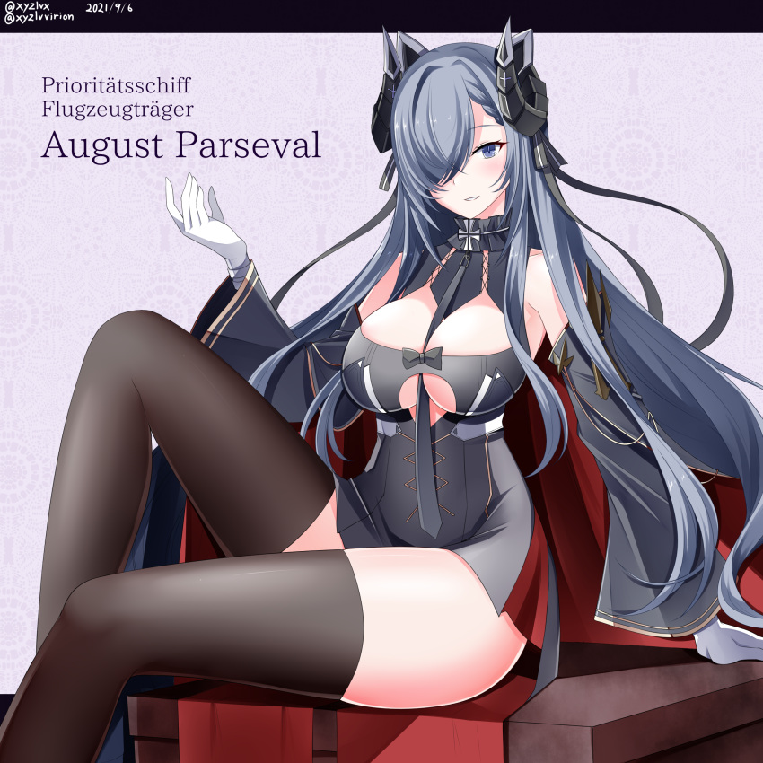 1girl absurdres artist_name august_von_parseval_(azur_lane) azur_lane bare_shoulders between_breasts black_dress black_legwear breasts cleavage cleavage_cutout clothing_cutout curled_horns dated detached_sleeves dress gloves hair_over_one_eye hebitsukai-san highres horns long_hair mechanical_horns microdress necktie necktie_between_breasts purple_eyes purple_hair simple_background sitting solo thighhighs underboob_cutout white_gloves