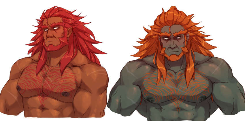 2boys abs absurdres bara beard blush character_request chest_hair colored_skin completely_nude cropped_torso dark-skinned_male dark_skin facial_hair ganondorf ghangaji green_skin highres large_pectorals long_hair male_focus mature_male multiple_boys muscular muscular_male nipples nude orange_hair pectorals the_legend_of_zelda thick_eyebrows white_background wrinkled_skin yellow_eyes