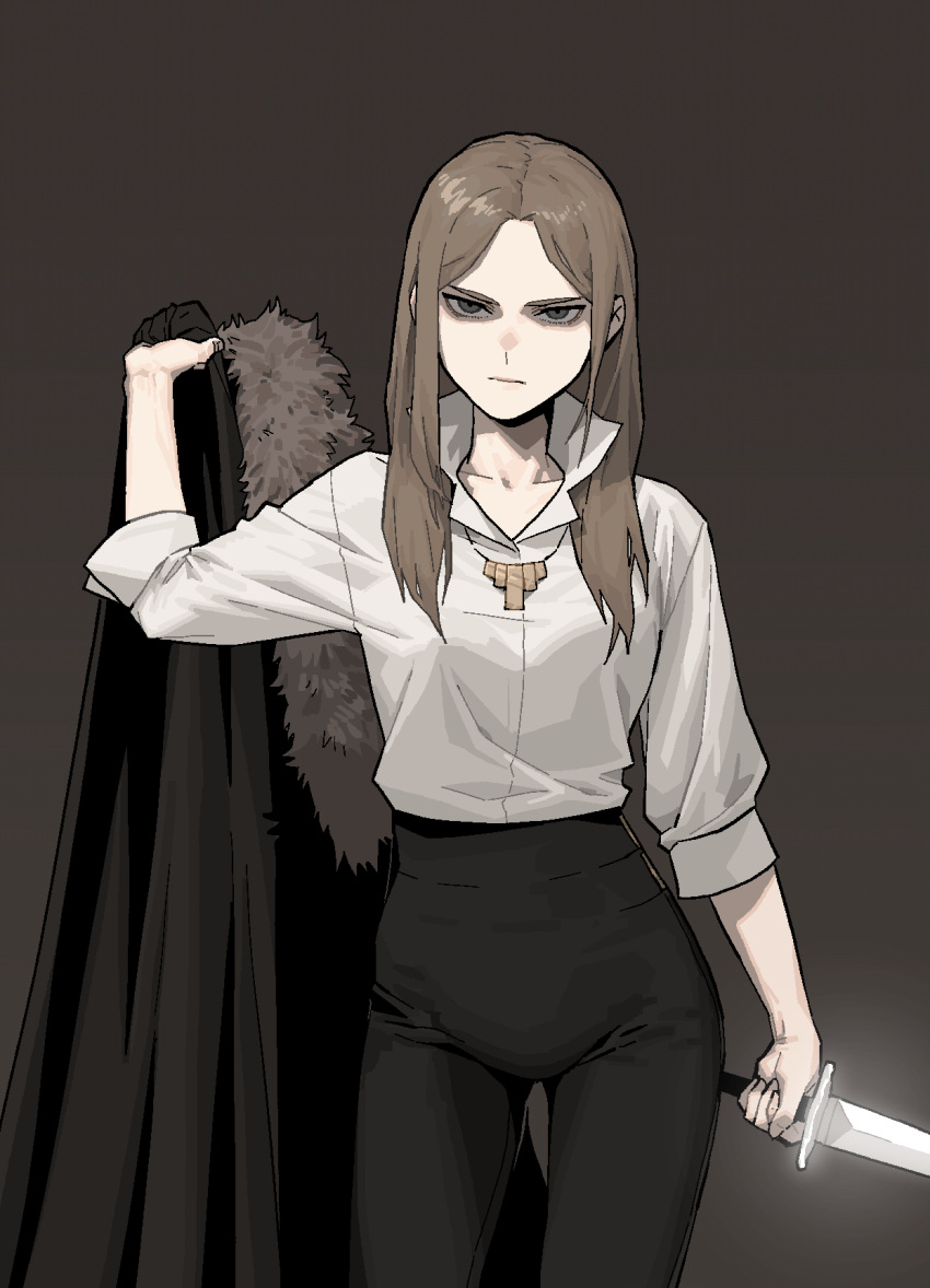 1girl black_pants brown_background brown_hair cape cape_removed closed_mouth cowboy_shot gogalking grey_eyes hand_up highres holding holding_cape holding_clothes holding_sword holding_weapon jewelry leonir_(gogalking) long_hair long_sleeves looking_at_viewer necklace original pants popped_collar sanpaku serious shirt simple_background solo standing sword weapon white_shirt