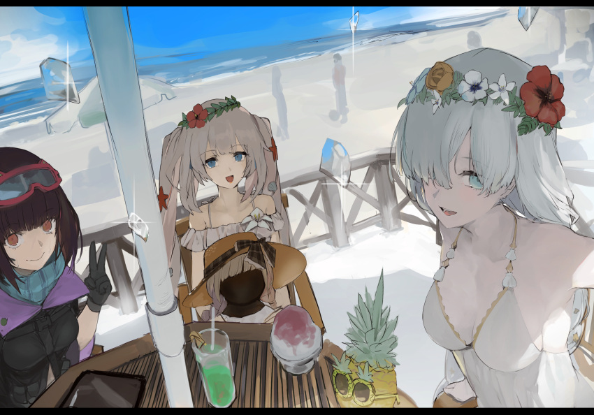3girls anastasia_(fate) anastasia_(swimsuit_archer)_(fate) bangs bare_shoulders beach black_gloves black_jacket blue_eyes blush braid breasts brown_eyes brown_hair cleavage collarbone doll dress dress_swimsuit fate/grand_order fate_(series) flower_wreath food fruit gloves goggles goggles_on_head hair_over_one_eye head_wreath highres ice jacket large_breasts long_hair long_sleeves looking_at_viewer low_twintails marie_antoinette_(fate) marie_antoinette_(swimsuit_caster)_(fate) medium_breasts multiple_girls open_mouth osakabe-hime_(fate) osakabe-hime_(swimsuit_archer)_(fate) pineapple silver_hair ski_goggles smile table twin_braids twintails v very_long_hair viy_(fate) white_dress yorurokujuu
