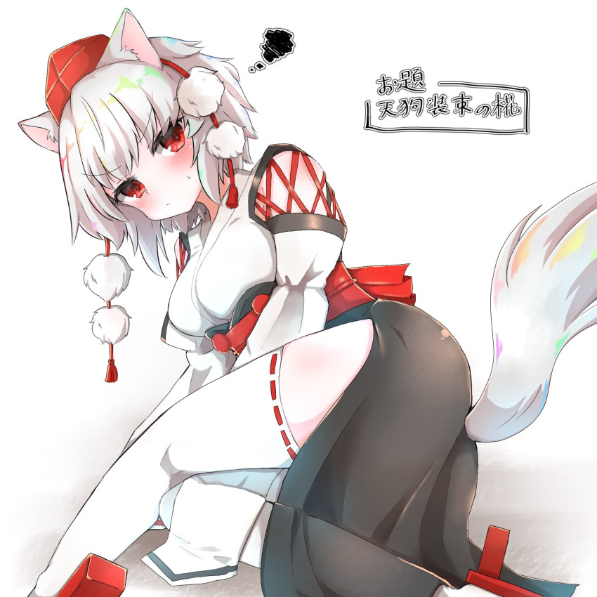 1girl animal_ears ass bangs closed_mouth commentary_request detached_sleeves eyebrows_visible_through_hair geta grey_hair hat highres inubashiri_momiji looking_at_viewer pom_pom_(clothes) red_eyes red_footwear red_headwear ribbon-trimmed_legwear ribbon_trim shirt short_hair simple_background solo squiggle tail tanikake_yoku tengu-geta thighhighs thighs tokin_hat touhou translation_request v-shaped_eyebrows white_background white_legwear white_shirt wide_sleeves wolf_ears wolf_tail