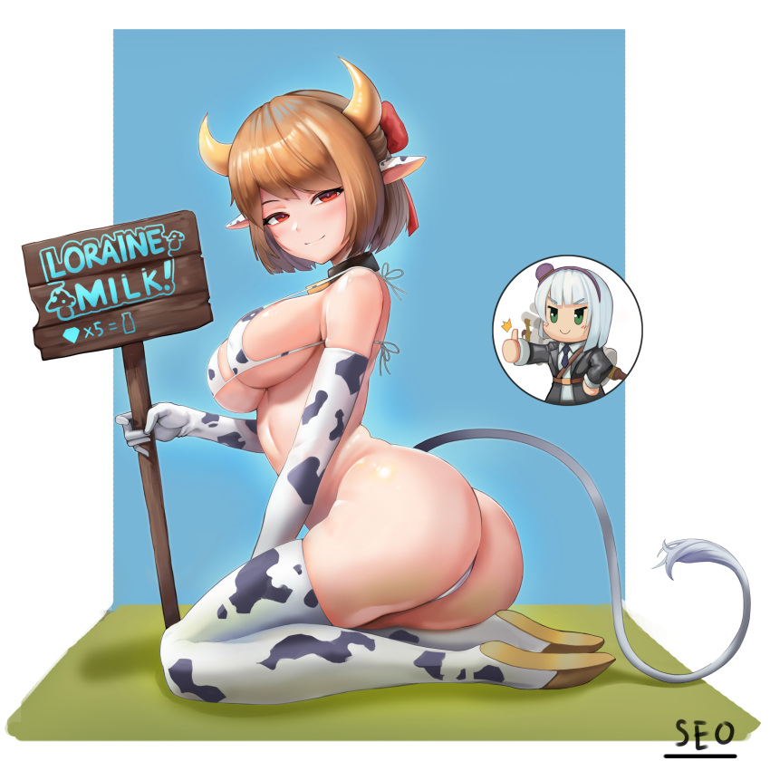1girl absurdres alternate_costume animal_costume animal_ears animal_print artist_name ass audrey_dreamweaver boots breasts brown_hair cow_costume cow_ears cow_girl cow_horns cow_print cow_tail crossover elbow_gloves fake_animal_ears gloves guardian_tales highres horns innkeeper_loraine korean_commentary last_origin looking_at_viewer medium_breasts red_eyes seiza seo_(tqhgud016) short_hair sitting sleeveless tail thighhighs