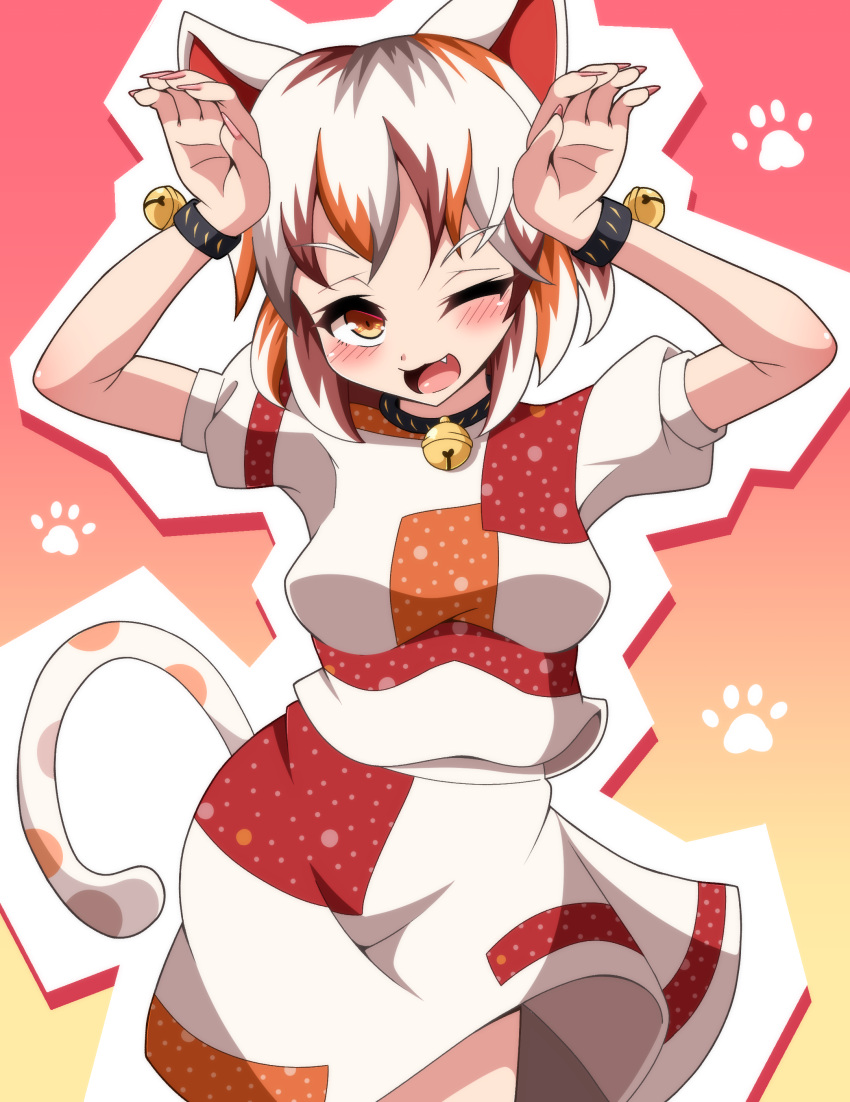 1girl :3 ;d absurdres animal_ears arms_up bangs bell brown_hair calico caramelldansen cat_ears cowboy_shot eyebrows_visible_through_hair fang fingernails goutokuji_mike gradient gradient_background highres long_fingernails looking_at_viewer multicolored_background multicolored_clothes multicolored_shirt multicolored_skirt multicolored_tail neck_bell one_eye_closed open_mouth orange_eyes orange_hair paw_print seirudo short_sleeves skirt smile solo standing tail touhou white_hair
