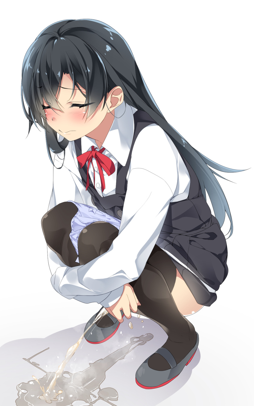 1girl asashio_(kancolle) black_dress black_hair black_legwear blue_panties blush bow bow_panties buttons closed_eyes closed_mouth collared_shirt commentary_request dress highres kantai_collection long_hair long_sleeves mtu_(orewamuzituda) panties panty_pull pee peeing pinafore_dress red_ribbon remodel_(kantai_collection) ribbon shirt simple_background solo squatting thighhighs underwear white_background white_shirt