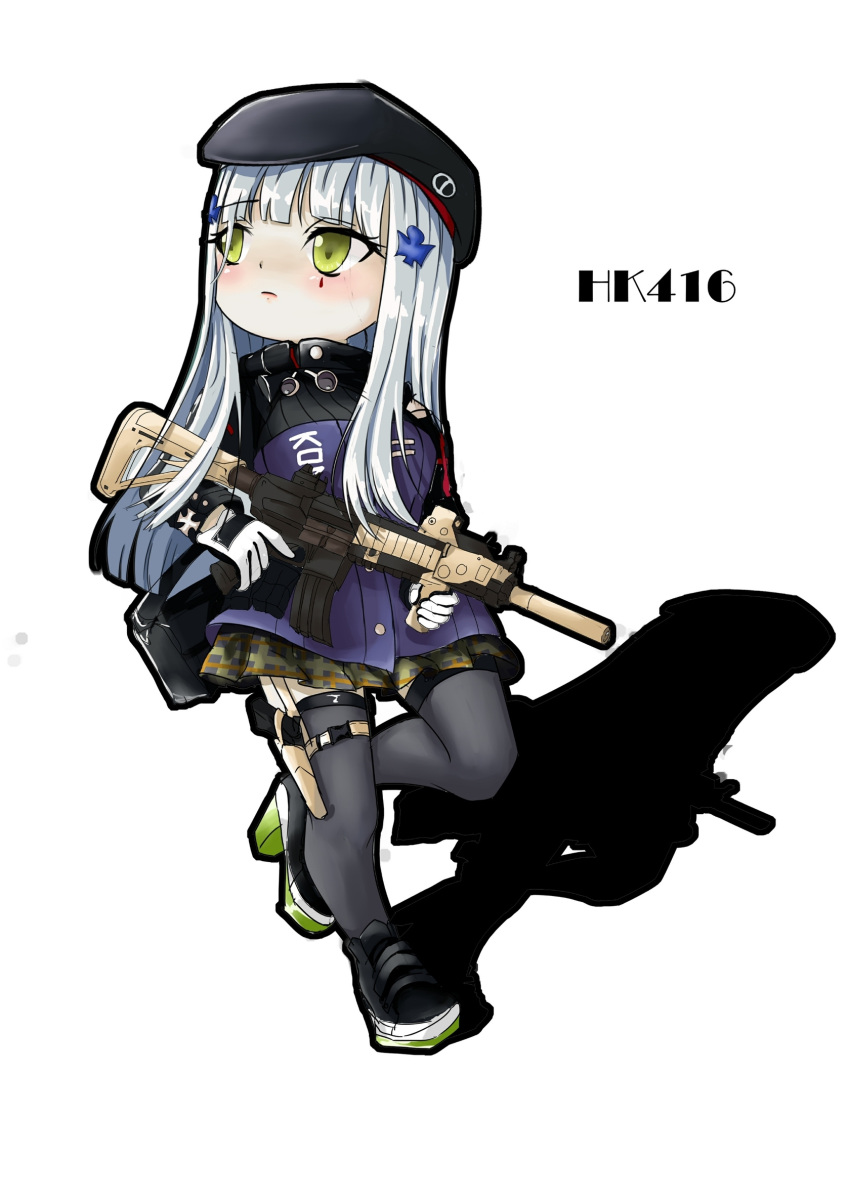 1girl assault_rifle bag_behind_back bangs beret black_footwear black_headwear black_legwear blush breasts character_name chibi closed_mouth crossed_bangs eyebrows_visible_through_hair facial_mark girls'_frontline gloves green_eyes gun h&amp;k_hk416 hat highres hk416_(girls'_frontline) holding holding_weapon holstered_weapon light_blue_hair long_hair looking_up marscoco rifle shoes solo standing tactical_clothes teardrop teardrop_facial_mark teardrop_tattoo thighhighs uniform weapon white_background white_gloves