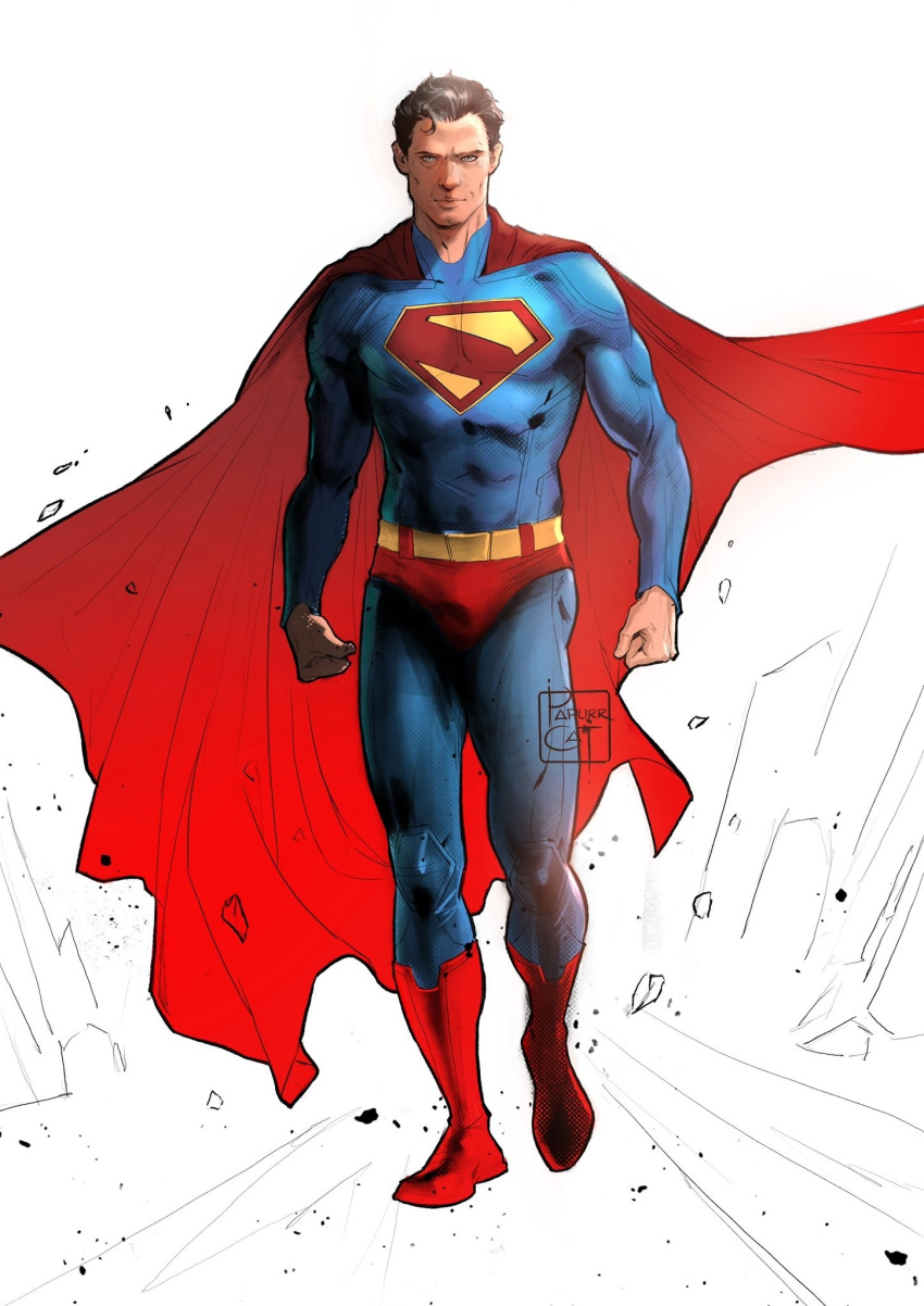1boy artist_name black_hair blue_bodysuit blue_eyes bodysuit boots cape dc_comics highres looking_at_viewer male_underwear papurrcat red_boots red_cape red_male_underwear short_hair solo superman superman_(series) underwear