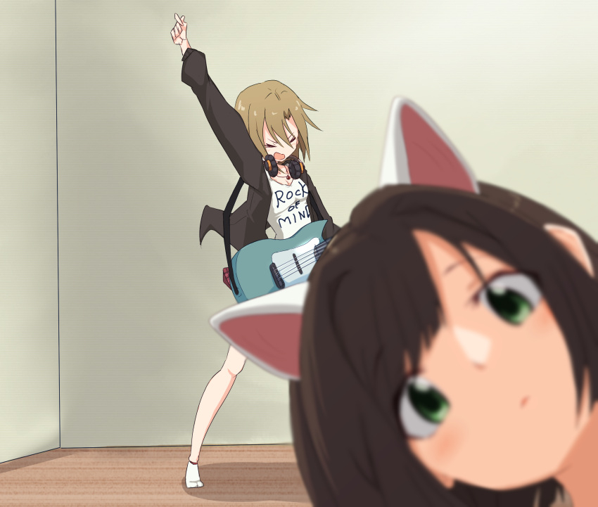 &gt;o&lt; 2girls :o animal_ears arm_up asterisk_(idolmaster) bass_guitar black_jacket blurry blurry_foreground breasts brown_hair cat_ears cleavage depth_of_field expressionless fake_animal_ears head head_tilt headphones highres idolmaster idolmaster_cinderella_girls indoors instrument ito_(itokayu) jacket looking_at_viewer maekawa_miku medium_breasts multiple_girls music outstretched_arm photobomb playing_instrument print_shirt shirt short_hair solo_focus tada_riina