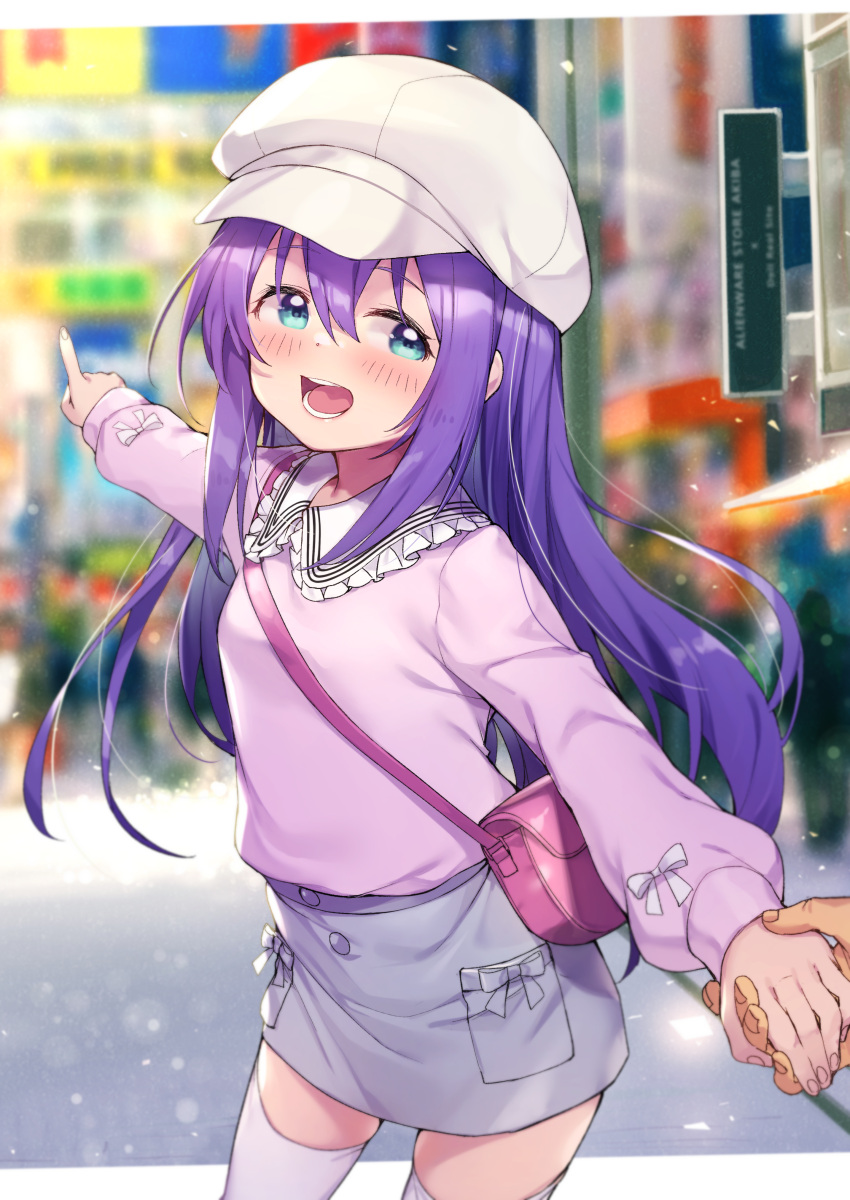 1boy 1girl absurdres blurry blurry_background commentary_request depth_of_field grey_skirt highres holding_hands idolmaster idolmaster_million_live! long_hair long_sleeves mochizuki_anna open_mouth outstretched_arm pointing purple_hair shennai_misha skirt smile solo_focus thighhighs white_headwear white_legwear zettai_ryouiki