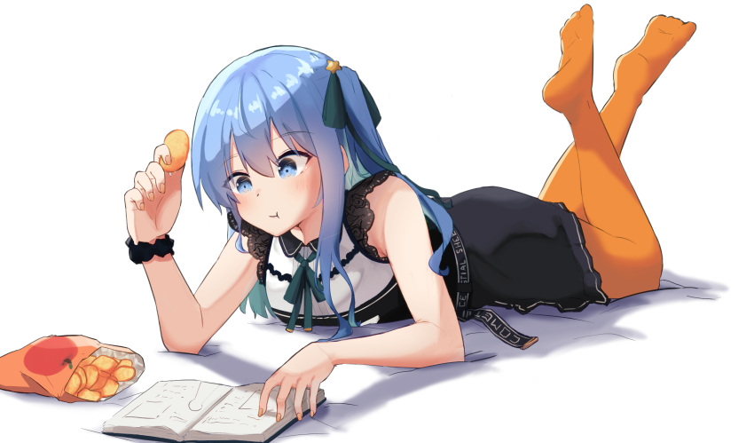 1girl absurdres bag_of_chips bangs black_dress blue_eyes blue_hair blue_ribbon book chips collared_dress commentary dress eating english_commentary eyebrows_visible_through_hair food hair_ribbon highres hololive hoshimachi_suisei lace lace_sleeves medium_hair miaoema open_book orange_legwear pantyhose potato_chips reading ribbon short_dress side_ponytail sidelocks sleeveless sleeveless_dress snack solo star_(symbol) star_in_eye symbol_in_eye virtual_youtuber