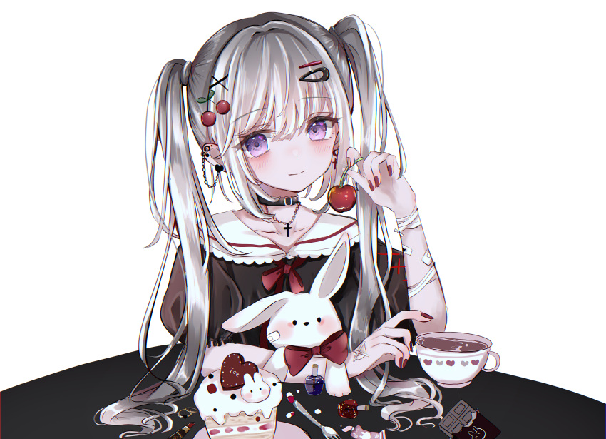 1girl absurdres bandages bandaid bangs cake cherry choker closed_mouth cross cross_necklace cup ear_piercing earrings eyebrows_visible_through_hair food fruit hair_ornament hairclip highres holding holding_food holding_fruit jewelry long_hair looking_at_viewer nail_polish necklace original piercing purple_eyes sakura_mochiko silver_hair smile solo stuffed_animal stuffed_bunny stuffed_toy teacup twintails