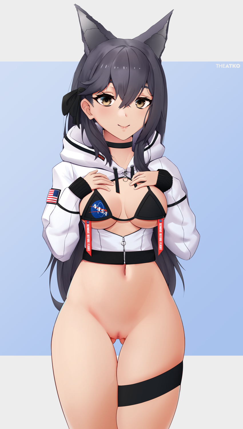 1girl absurdres american_flag animal_ears ass_visible_through_thighs atago_(azur_lane) atago_(stunning_speedster)_(azur_lane) azur_lane bangs bikini bikini_top black_bikini black_choker black_hair bottomless bow breasts brown_eyes censored center_opening choker commission crop_top crossed_bangs extra_ears hair_bow hands_on_own_chest highres hood hood_down hooded_jacket jacket long_hair looking_at_viewer medium_breasts mosaic_censoring nasa_logo navel official_alternate_costume pussy solo swimsuit the_atko thigh_strap two-tone_background zipper zipper_pull_tab