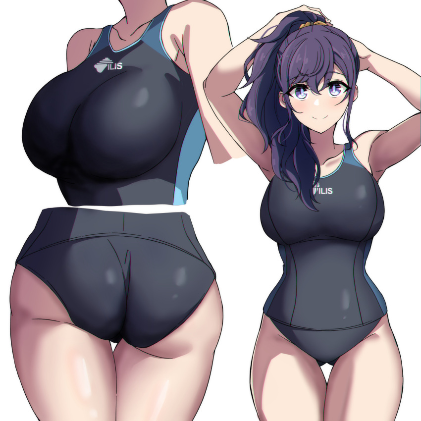 1girl adjusting_hair arimon_(dfrgty12) armpits asahina_mafuyu ass bangs black_swimsuit breasts closed_mouth competition_swimsuit hair_between_eyes hair_ornament highres large_breasts long_hair looking_at_viewer one-piece_swimsuit ponytail project_sekai purple_eyes purple_hair smile solo standing swimsuit thighs