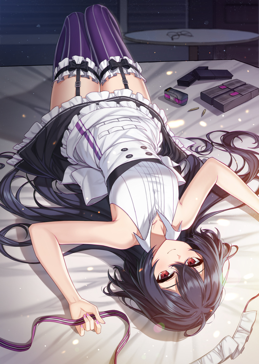 1girl 2qba absurdres apron armpits arms_up bare_arms bare_shoulders bed black_hair black_skirt breasts collared_shirt counter_side frilled_legwear frilled_skirt frills garter_straps gun handgun headwear_removed highres holding lily_(counter_side) long_hair looking_at_viewer lying maid maid_apron maid_headdress miniskirt on_back on_bed pistol purple_legwear red_eyes ribbon shirt skirt sleeveless sleeveless_shirt small_breasts smile solo striped striped_legwear thighhighs underbust upside-down very_long_hair weapon white_shirt zettai_ryouiki