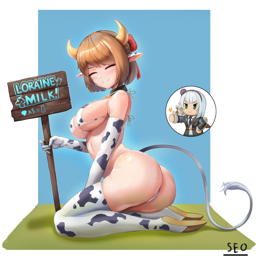 1girl absurdres alternate_costume animal_costume animal_ears animal_print artist_name ass audrey_dreamweaver boots breasts brown_hair closed_eyes cow_costume cow_ears cow_girl cow_horns cow_print cow_tail crossover elbow_gloves fake_animal_ears gloves guardian_tales highres horns innkeeper_loraine korean_commentary last_origin looking_at_viewer medium_breasts seiza seo_(tqhgud016) short_hair sitting sleeveless tail thighhighs