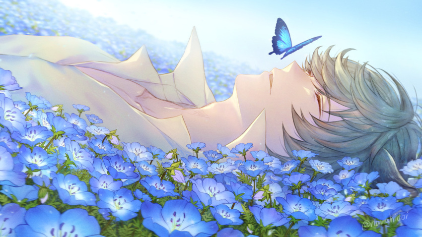 1boy animal_ears bangs blue_butterfly blue_flower bug butterfly cat_ears closed_eyes erune floral_background flower granblue_fantasy lying male_focus nehan_(granblue_fantasy) numahidoi on_back open_mouth parted_lips shirt short_hair silver_hair sleeping solo twitter_username white_shirt