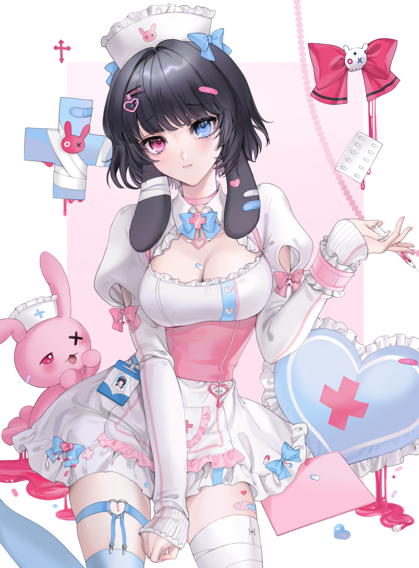 1girl absurdres ambi_(vtuber) animal_ears arm_between_legs bandages bandaid bandaid_hair_ornament black_hair blue_bow blue_eyes blue_legwear bow breasts cleavage cleavage_cutout clipboard clothing_cutout commission corset cross cross_fleury crying crying_with_eyes_open dress eyebrows_visible_through_hair frilled_pillow frills garter_straps hat heart heart_pillow highres id_card indie_virtual_youtuber juliet_sleeves large_breasts long_sleeves nurse nurse_cap original pill pillow pink_bow puffy_sleeves rabbit_ears saga666 short_hair simple_background skull sleeves_past_wrists stuffed_animal stuffed_bunny stuffed_toy syringe tears white_background