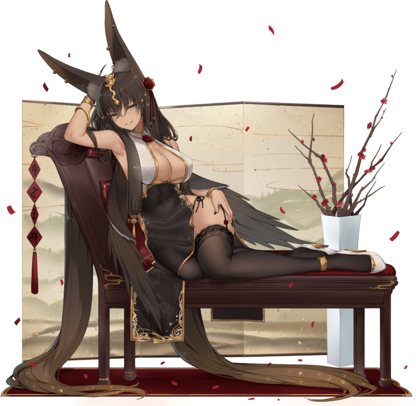 1girl absurdly_long_hair animal_ears ark_order bangs black_dress black_nails bracelet breasts brown_hair chaise_longue covered_navel dark-skinned_female dark_skin dress faux_figurine fox_ears full_body garter_straps hand_on_own_thigh jewelry large_breasts long_hair looking_at_viewer lying maya_g official_art on_side set_(ark_order) side_slit skindentation solo thighhighs transparent_background very_long_hair yellow_eyes