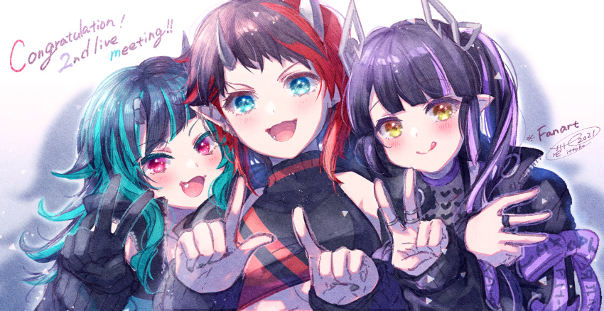 3girls :d :q aqua_hair bare_shoulders black_gloves black_hair black_jacket blue_eyes blush bow brown_eyes closed_mouth commentary_request congratulations crop_top fang girl_sandwich gloves highres ittokyu jacket jewelry kojo_anna long_sleeves multicolored_hair multiple_girls open_mouth pointy_ears purple_bow purple_hair red_hair ring ryugasaki_rene sandwiched shishio_chris signature sleeves_past_wrists smile streaked_hair sugar_lyric tongue tongue_out twintails upper_body virtual_youtuber