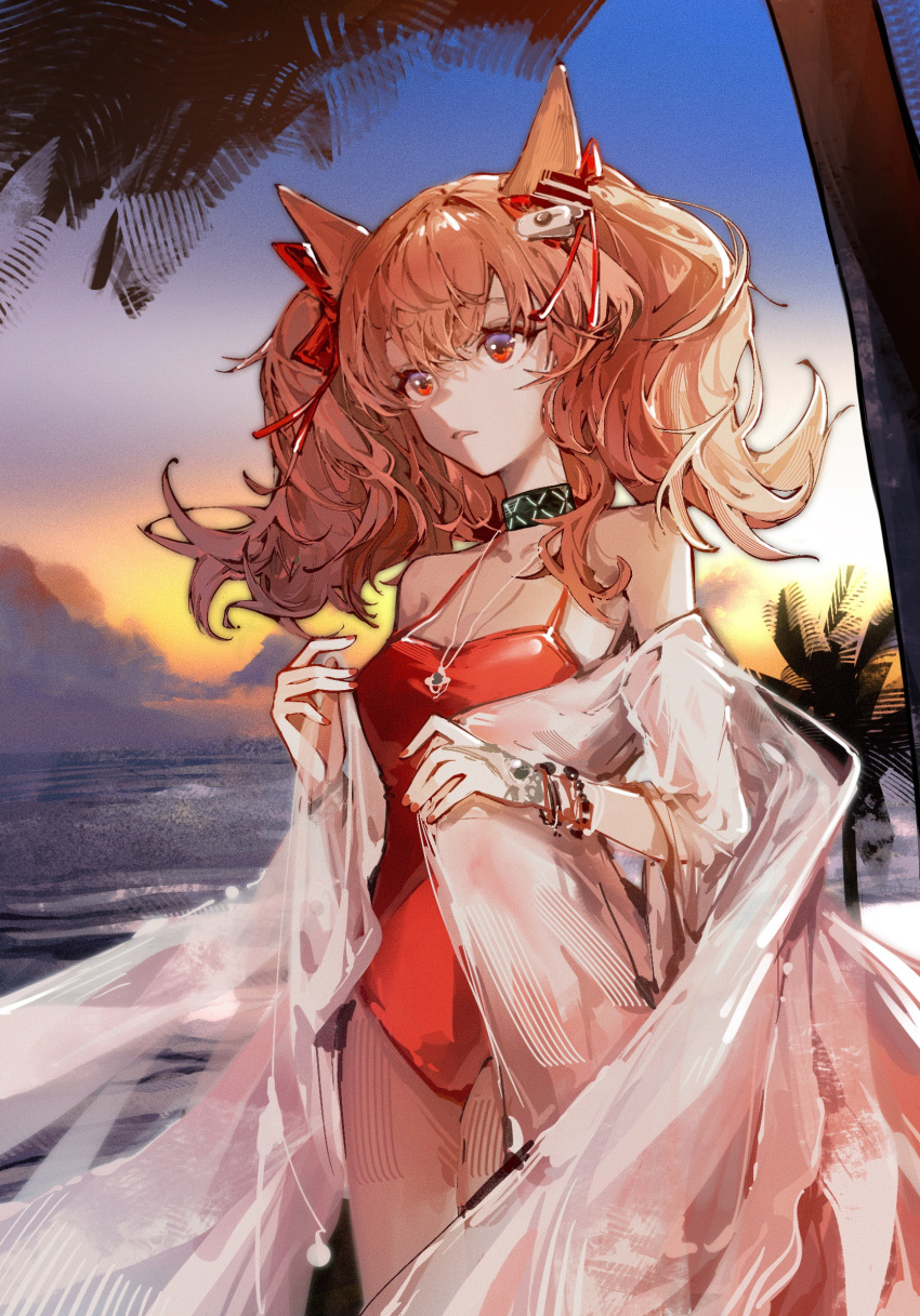 1girl angelina_(arknights) angelina_(summer_flowers)_(arknights) animal_ears arknights bangs bare_shoulders beach black_collar bracelet breasts brown_hair chinese_commentary collar commentary_request cowboy_shot fox_ears highres infection_monitor_(arknights) jewelry long_hair looking_afar luan_teng medium_breasts nail_polish necklace ocean official_alternate_costume one-piece_swimsuit open_mouth palm_tree red_eyes red_nails red_swimsuit solo spaghetti_strap standing swimsuit swimsuit_cover-up thigh_strap tree twintails