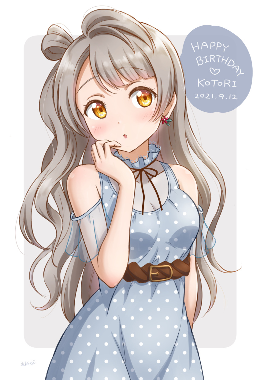 1girl ahoge bangs birthday blush breasts character_name ckst cleavage collarbone commentary_request dated earrings english_text eyebrows_visible_through_hair grey_hair happy_birthday highres jewelry long_hair love_live! love_live!_school_idol_project medium_breasts minami_kotori one_side_up see-through sidelocks signature solo yellow_eyes