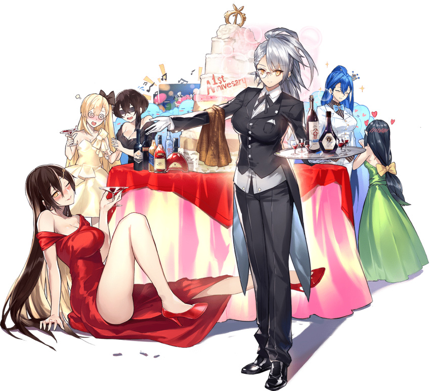 6+girls :d @_@ ^_^ ahoge alcohol anniversary ark_order baldr_(ark_order) bare_legs black_blindfold black_footwear black_hair black_jacket black_pants blindfold blonde_hair blue_bow blue_hair blush bow bowtie braid breasts brown_hair closed_eyes cup dionysus_(ark_order) dress dress_shoes drunk flying_sweatdrops formal full-face_blush glass gloves green_dress grey_hair hair_ornament hairclip heart high_ponytail hodr_(ark_order) holding holding_cup holding_tray jacket k_suke_(weibo) kappa_(ark_order) large_breasts liquor long_hair looking_at_viewer low-tied_long_hair monocle multiple_girls off-shoulder_dress off_shoulder official_art one_eye_closed open_mouth pants pointy_ears poseidon_(ark_order) red_dress red_footwear short_hair slime_(substance) smile suit table tachi-e transparent_background tray tuxedo vedrfolnir_(ark_order) very_long_hair wedding white_gloves white_jacket white_pants white_suit yellow_dress yellow_eyes