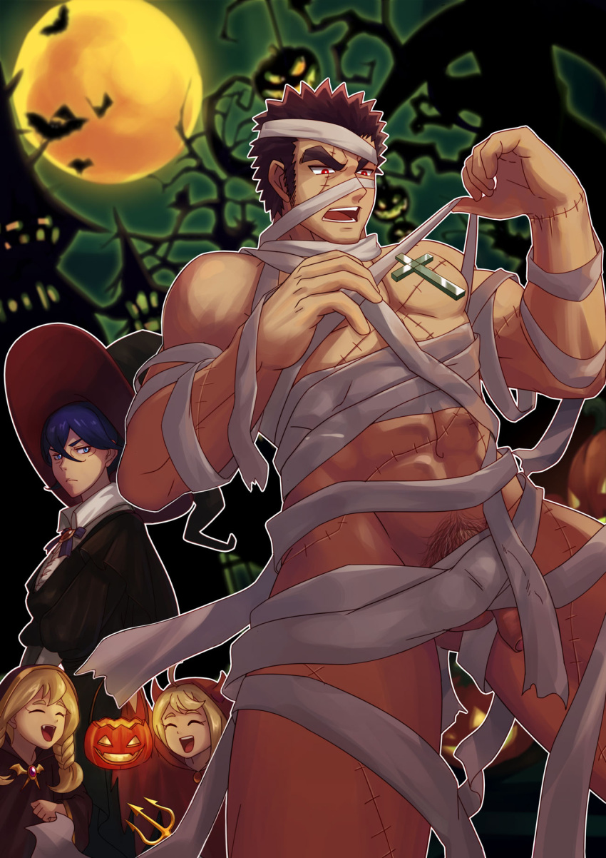 1boy 3girls abs akihiro_altland bandages bara brown_hair character_request cityscape convenient_censoring cross cross_necklace dark-skinned_male dark_skin f_jun feet_out_of_frame flaccid foreskin gundam gundam_tekketsu_no_orphans halloween halloween_costume hat highres jack-o'-lantern jewelry long_sideburns male_focus male_pubic_hair multiple_girls muscular muscular_male naked_bandage navel necklace pectorals penis penis_peek pubic_hair red_eyes revealing_clothes scar scar_across_eye short_hair sideburns solo_focus stitches stomach thick_eyebrows thick_thighs thighs undressing witch witch_hat
