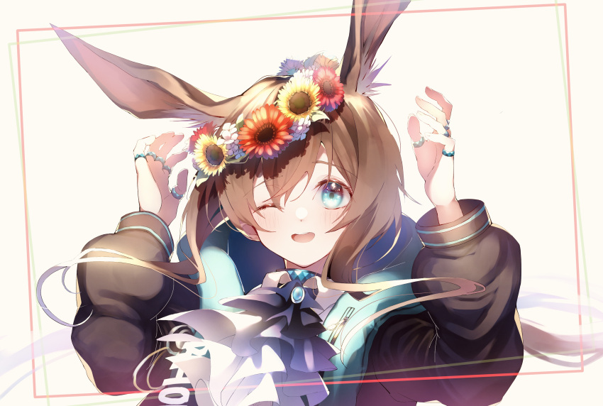 1girl :d ;d absurdres amiya_(arknights) animal_ears arknights ascot bangs black_jacket blue_ascot blue_choker blue_eyes brown_hair choker commentary eyebrows_visible_through_hair flower hair_between_eyes hair_flower hair_ornament hands_up head_wreath highres jacket jewelry long_hair mitk_game multiple_rings one_eye_closed open_mouth rabbit_ears rabbit_girl ring sidelocks smile solo upper_body wide_sleeves