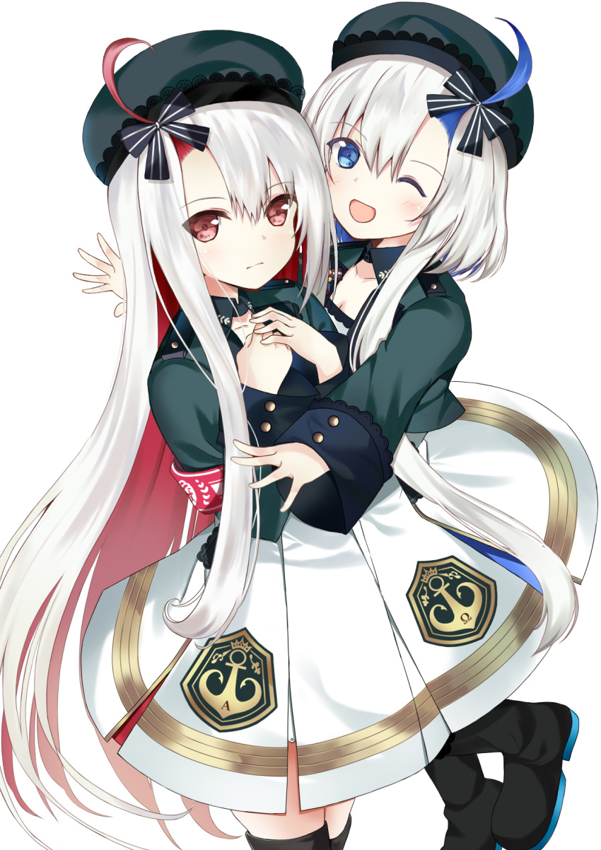 2girls ahoge armband azur_lane beret blue_eyes commentary_request hat highres hug irohasu_(mmgn7434) libeccio_(azur_lane) long_hair maestrale_(azur_lane) multicolored_hair multiple_girls one_eye_closed red_eyes shoes siblings silver_hair simple_background two-tone_hair white_background