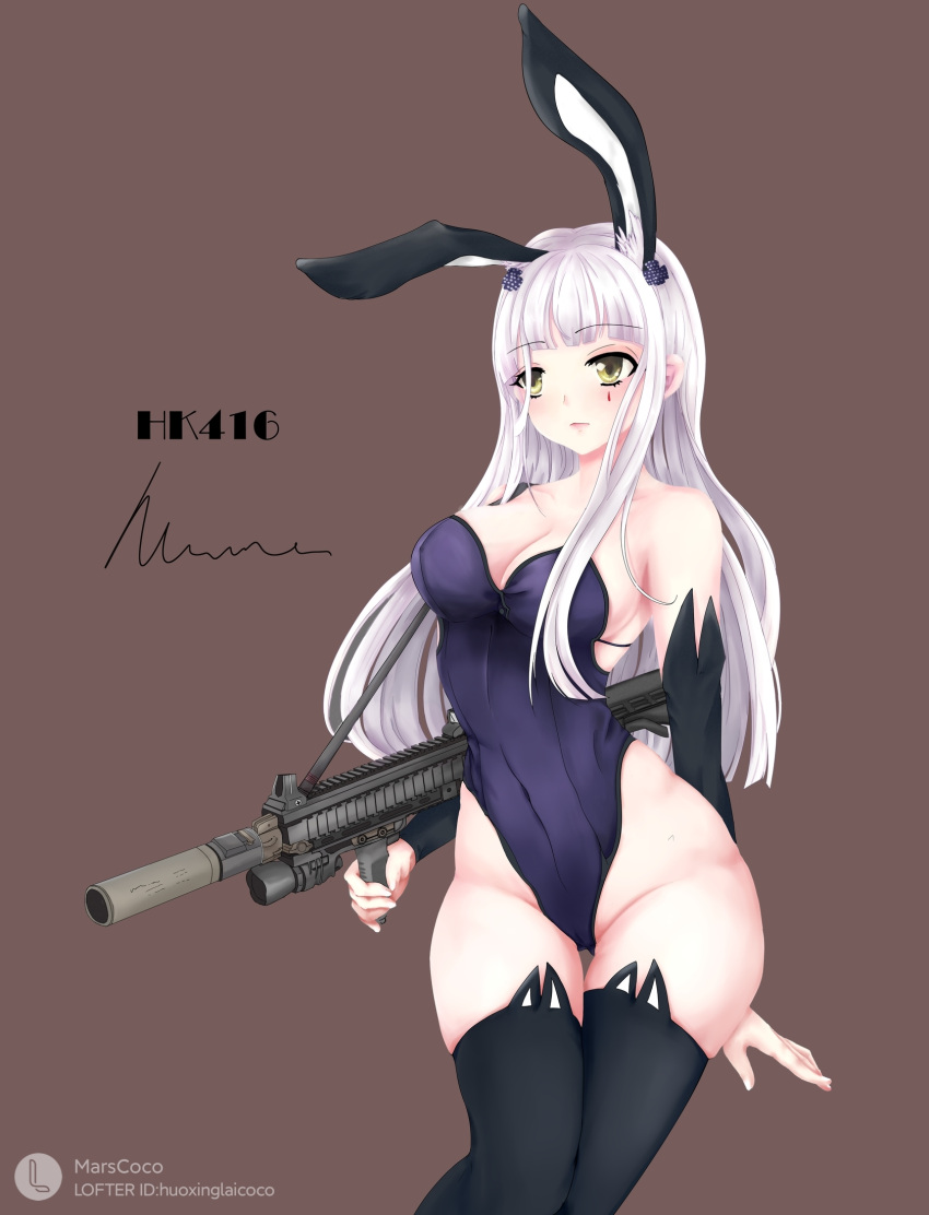 1girl animal_ears artist_name assault_rifle bangs bare_shoulders black_legwear breasts brown_background character_name cleavage closed_mouth covered_navel crossed_bangs eyebrows_visible_through_hair facial_mark fake_animal_ears feet_out_of_frame girls'_frontline green_eyes gun h&amp;k_hk416 highres hk416_(girls'_frontline) holding holding_weapon light_blue_hair long_hair looking_away marscoco medium_breasts playboy_bunny rifle solo standing teardrop teardrop_facial_mark teardrop_tattoo thighhighs thighs weapon