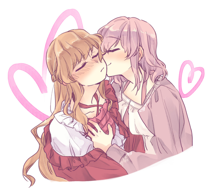 2girls blonde_hair blush character_request closed_eyes closed_mouth eyebrows_visible_through_hair hakuisei_aijou_isonshou heart highres long_hair medium_hair multiple_girls oosachi_asuka purple_hair simple_background sosa white_background yuri