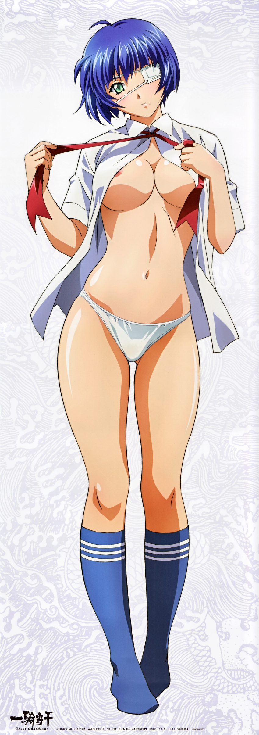 absurdres ahoge areola_slip areolae bangs blue_hair blue_legwear blush breasts center_opening closed_mouth collared_shirt copyright_name expressionless eyepatch full_body gradient gradient_background green_eyes head_tilt highres holding holding_ribbon ikkitousen ikkitousen_great_guardians kneehighs large_breasts logo long_image looking_at_viewer medical_eyepatch mole mole_under_mouth navel neck_ribbon no_bra no_pants no_shoes official_art open_clothes open_shirt panties red_ribbon ribbon rin-sin ryomou_shimei scan shiny shiny_hair shiny_skin shirt short_hair short_sleeves solo standing stick_poster tall_image underwear undressing untied untying white_background white_panties white_shirt