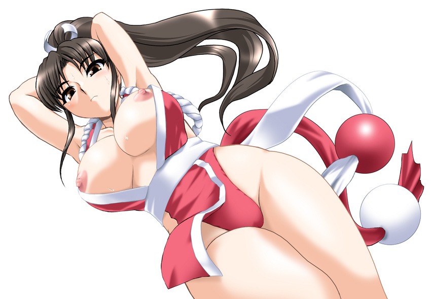 breasts brown_eyes brown_hair cleavage fatal_fury japanese_clothes large_breasts long_hair ninja nipples panties pelvic_curtain ponytail revealing_clothes shiranui_mai solo the_king_of_fighters thighs toushi_ryoku underwear