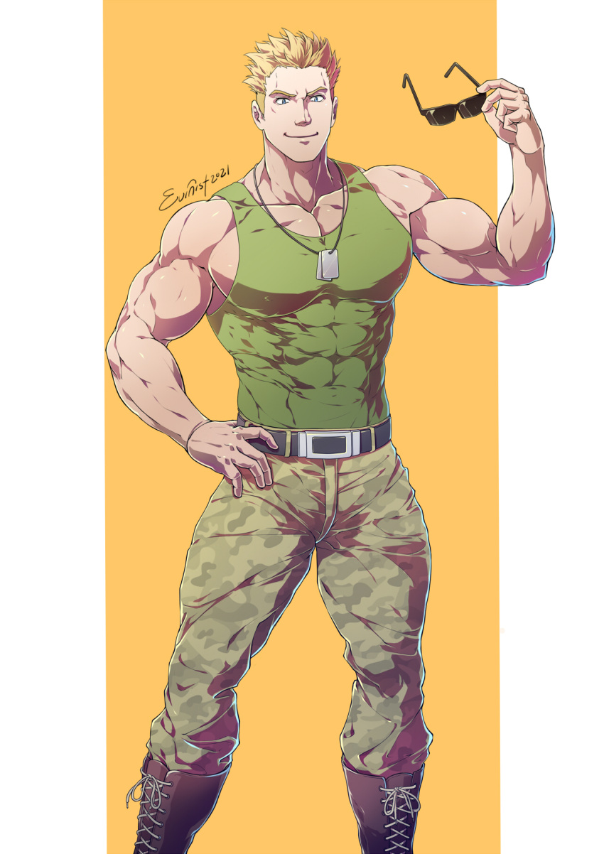 1boy abs alternate_pectoral_size artist_name bara belt blonde_hair blue_eyes boots camouflage camouflage_pants closed_mouth covered_abs covered_nipples evinist green_tank_top highres holding holding_eyewear jewelry large_pectorals male_focus muscular muscular_male necklace nipples pants pectoral_cleavage pectorals pokemon pokemon_(game) pokemon_hgss short_hair sidepec smile spiked_hair sunglasses surge_(pokemon) tank_top taut_clothes