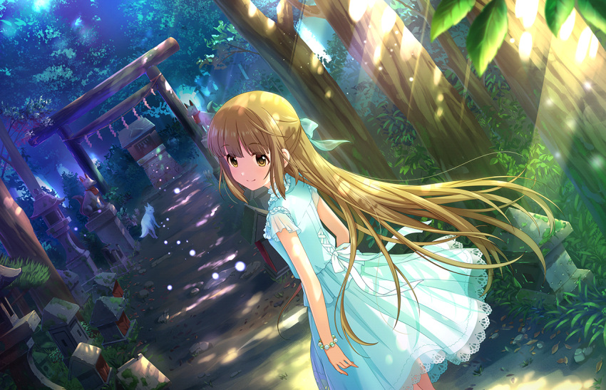 1girl animal artist_request bangs bare_arms blunt_bangs bow bracelet brown_eyes brown_hair day dress dutch_angle flat_chest forest fox frills grass hair_bow idolmaster idolmaster_cinderella_girls idolmaster_cinderella_girls_starlight_stage jewelry lace lantern long_hair looking_at_viewer nature official_art outdoors ribbon scenery short_sleeves smile stone_lantern sunlight torii tree very_long_hair white_dress yorita_yoshino