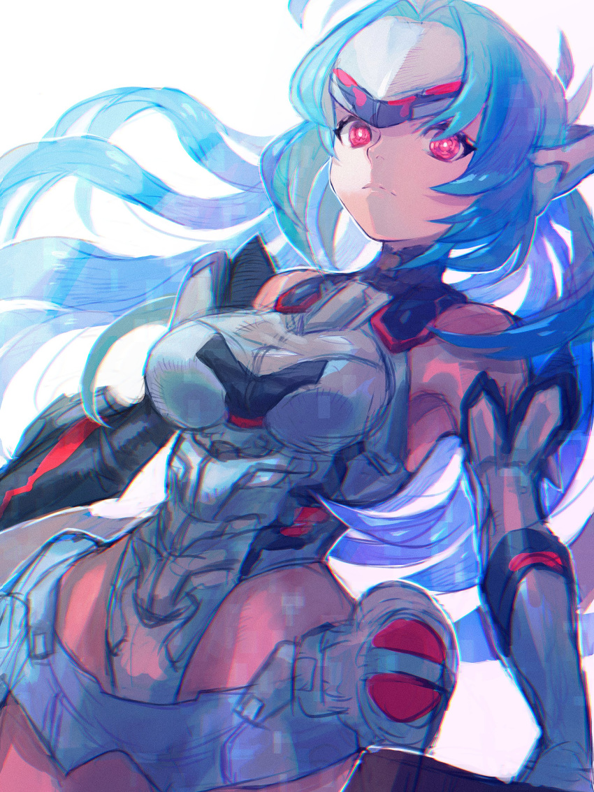 1girl absurdres android blue_hair forehead_protector glowing_crystal highres kos-mos kos-mos_re: long_hair red_eyes simple_background solo white_background xenoblade_chronicles_(series) xenoblade_chronicles_2 xenosaga yohane_shimizu