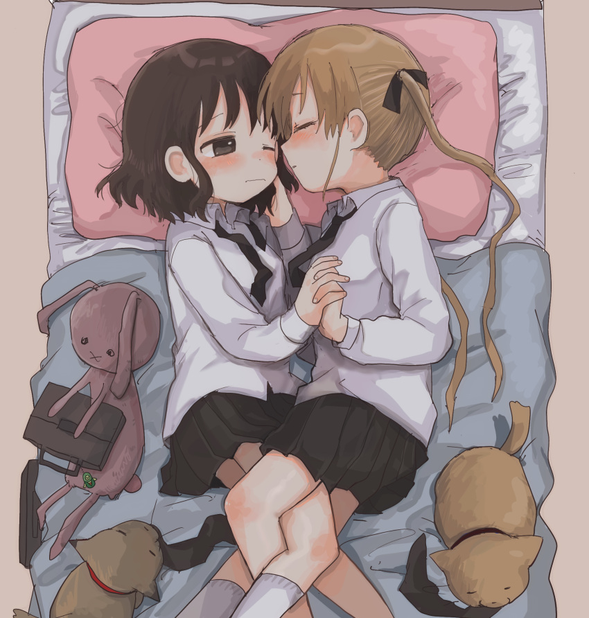 2girls bed blonde_hair blush brown_eyes brown_hair closed_eyes hair_ribbon highres interlocked_fingers kill_me_baby long_hair multiple_girls necktie open_mouth oribe_yasuna ribbon school_uniform short_hair skirt sonya_(kill_me_baby) stuffed_animal stuffed_bunny stuffed_toy twintails yasashii_naizou yuri