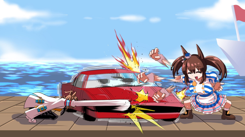 2girls agnes_tachyon_(umamusume) ahoge animal_ears boat breasts brown_hair car ground_vehicle hat hishi_akebono_(umamusume) hitting horse_ears horse_girl labcoat large_breasts motor_vehicle multiple_girls ocean palm_strike parody street_fighter street_fighter_ii_(series) trait_connection twintails umamusume very_long_sleeves watercraft yakuoyoso