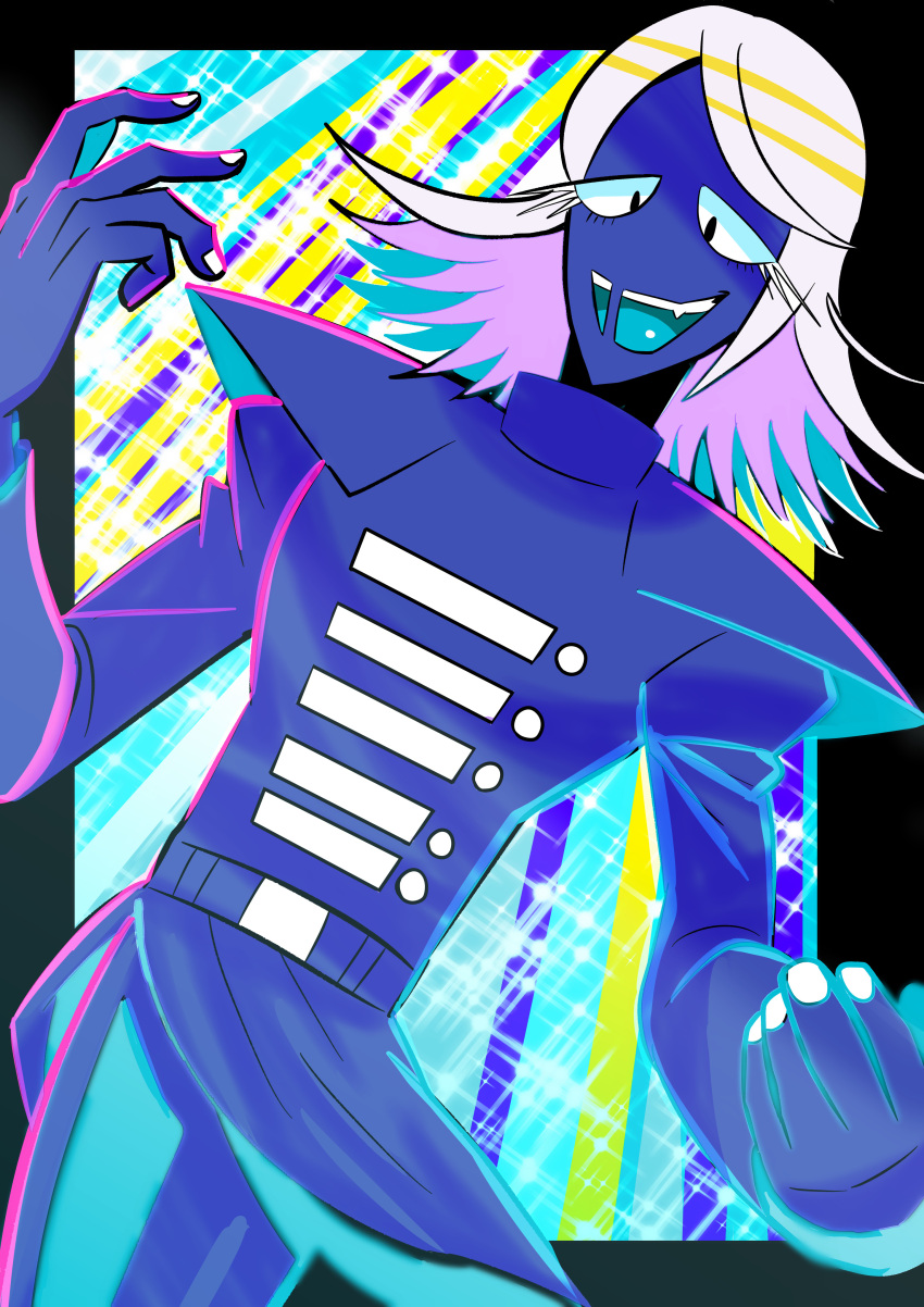 :d absurdres belt blue_eyes blue_pants blue_shirt blue_skin blue_tongue colored_skin colored_tongue deltarune hands_up highres jiba_(mirukurimu89) long_sleeves looking_at_viewer open_mouth pants purple_hair rouxls_kaard shirt smile solo sparkle_background white_hair