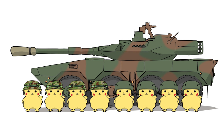 arms_behind_back bad_id bad_twitter_id camouflage camouflage_headwear closed_mouth commentary green_headwear ground_vehicle headset helmet highres looking_at_viewer military military_vehicle motor_vehicle no_humans parade_rest pikachu pokemon pokemon_(creature) shadow simple_background standing standing_at_attention takenotcool tank tank_helmet type_16_mobile_combat_vehicle white_background