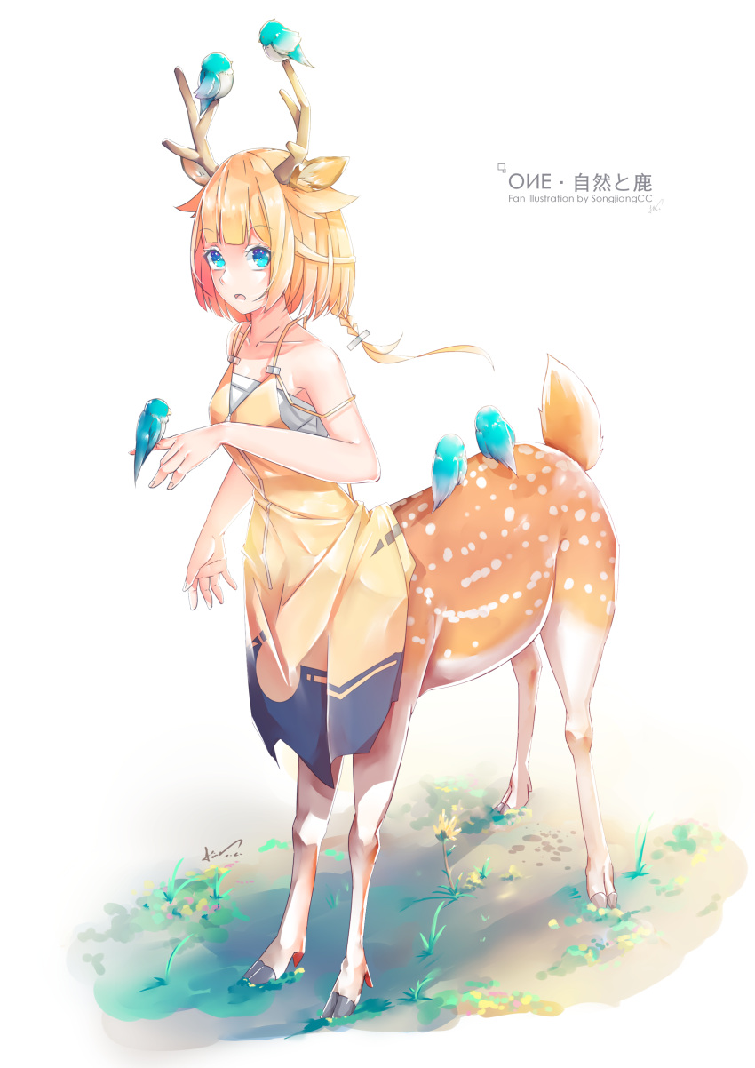 1girl absurdres animal_ears animal_on_head antlers artist_name bangs bare_shoulders bird bird_on_hand bird_on_head blonde_hair blue_eyes blunt_bangs braid braided_ponytail breasts centauroid cevio character_name collarbone commentary deer_antlers deer_ears dress eyebrows_visible_through_hair full_body hair_flaps highres long_hair looking_at_viewer low_ponytail medium_breasts monster_girl monsterification on_head one_(cevio) open_mouth orange_dress shadow sidelocks signature simple_background sleeveless sleeveless_dress solo songjiangcc spaghetti_strap standing taur translated white_background zipper zipper_pull_tab