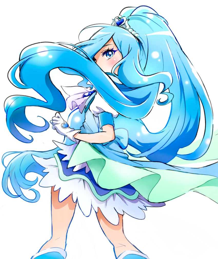 1girl ascot blue_ascot blue_dress blue_eyes blue_footwear blue_hair blue_theme blue_vest blush commentary_request cure_fontaine dress earrings eyebrows eyelashes gloves hair_ornament healin'_good_precure heart heart_hair_ornament highres jewelry long_hair looking_at_viewer magical_girl pre221b precure puffy_short_sleeves puffy_sleeves sawaizumi_chiyu short_sleeves simple_background solo split_ponytail standing very_long_hair vest white_background white_gloves